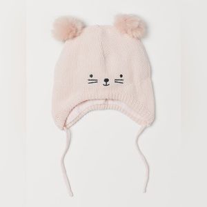 H&M Baby Girl Winter Knit Cotton Hat Pink Bear Kitty Pom Pom
